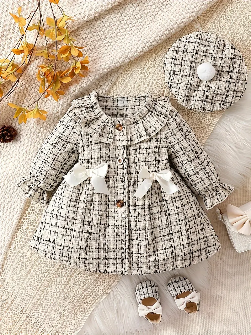 [Elegant Baby Dress] Elegant Ruffled Tweed Baby Dress | Long Sleeve, Infant & Toddler Girl's Dress For Daily Wear/Holiday/Party, As Gift