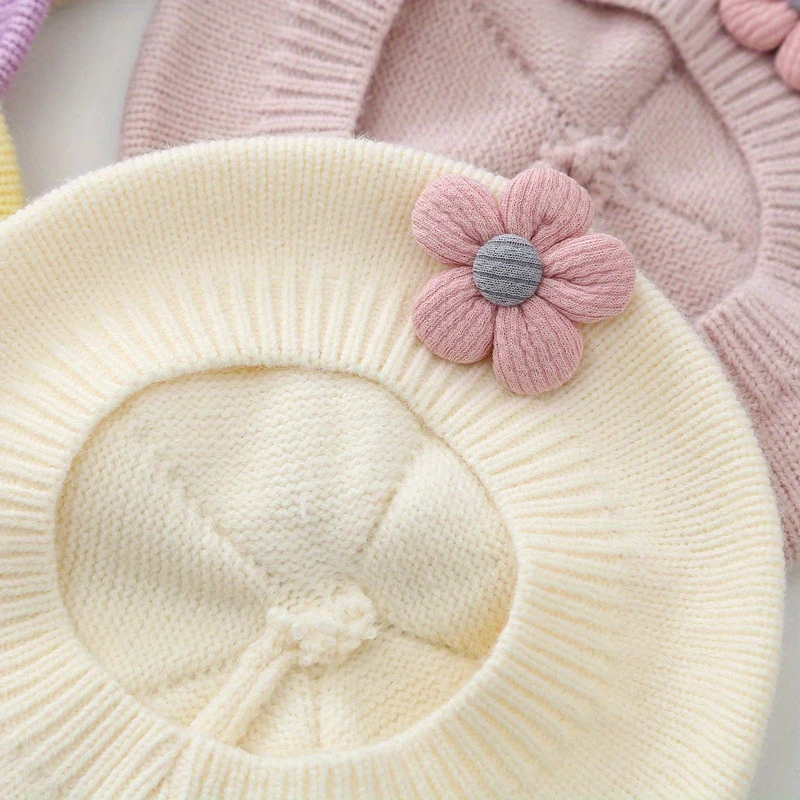 Knitted Cute Flower Beret, Painter Hat