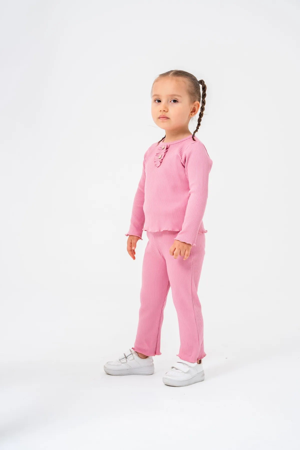 Girls' Ribbed Seasonal Top & Leggings Set with Button Detail and Gift Bandana