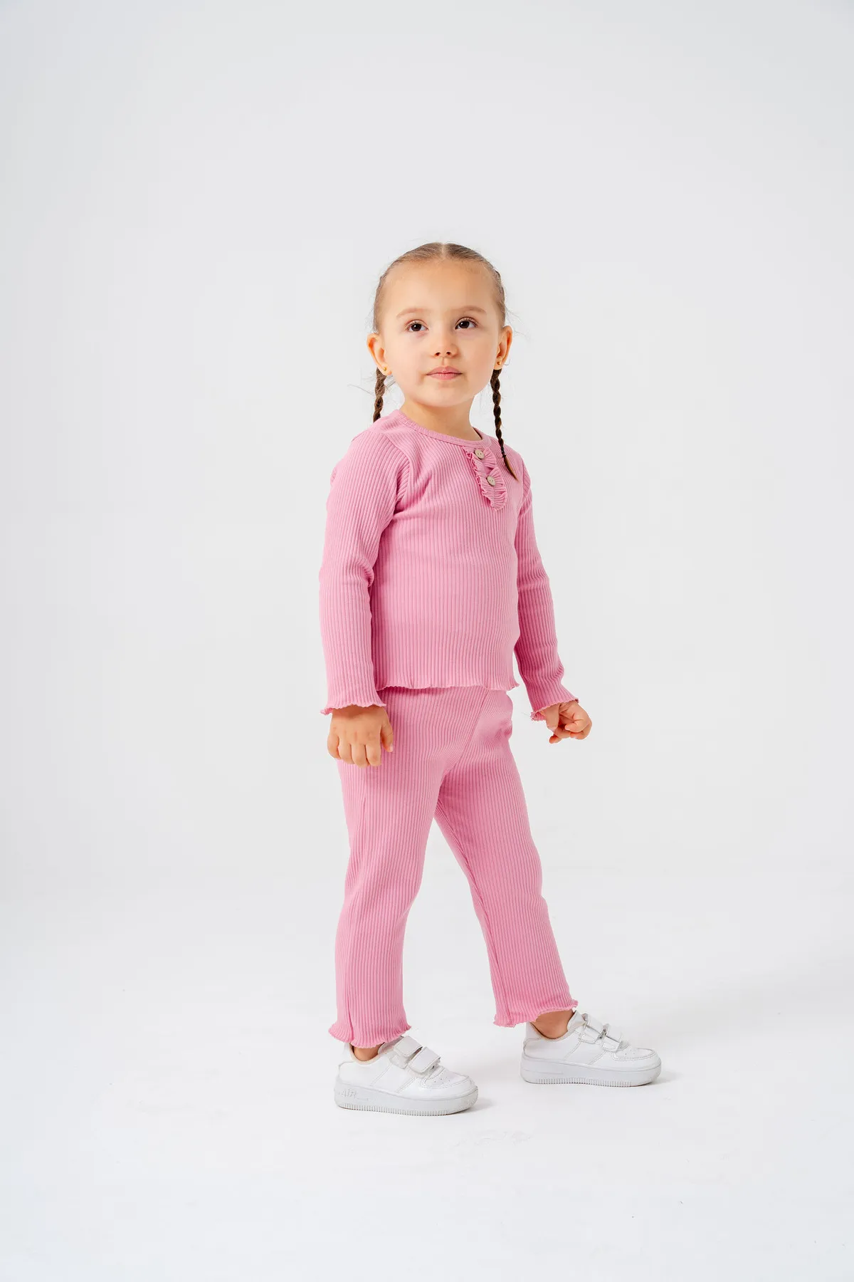 Girls' Ribbed Seasonal Top & Leggings Set with Button Detail and Gift Bandana