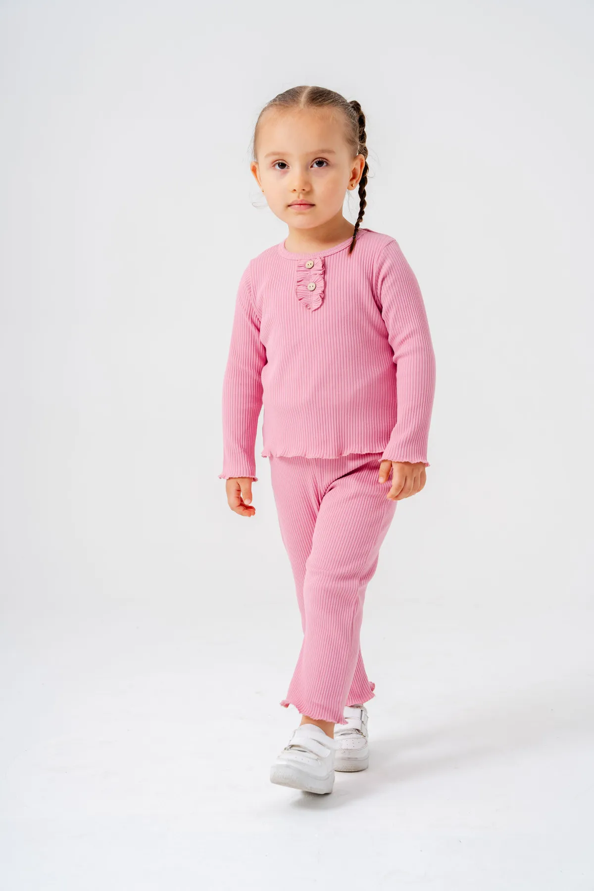 Girls' Ribbed Seasonal Top & Leggings Set with Button Detail and Gift Bandana