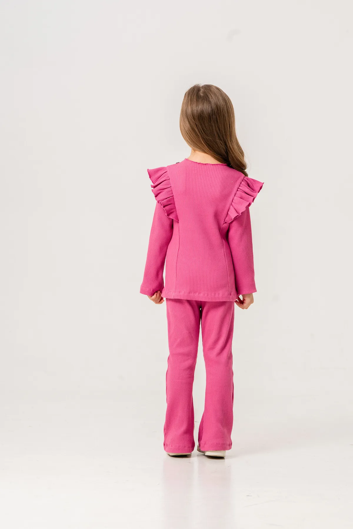 Girls' Ruffled Sleeve Flared Leggings & Top Set with Button Details