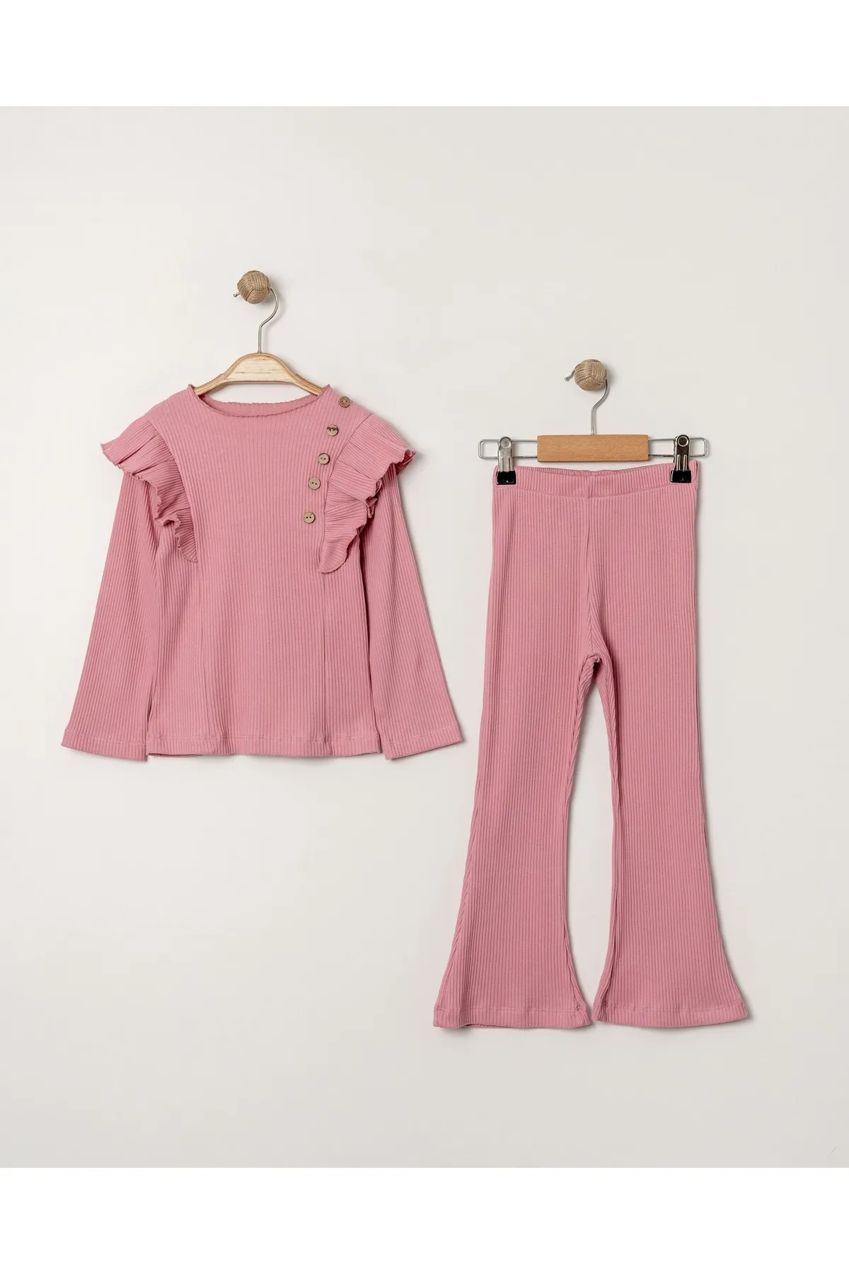Girls' Ruffled Sleeve Flared Leggings & Top Set with Button Details