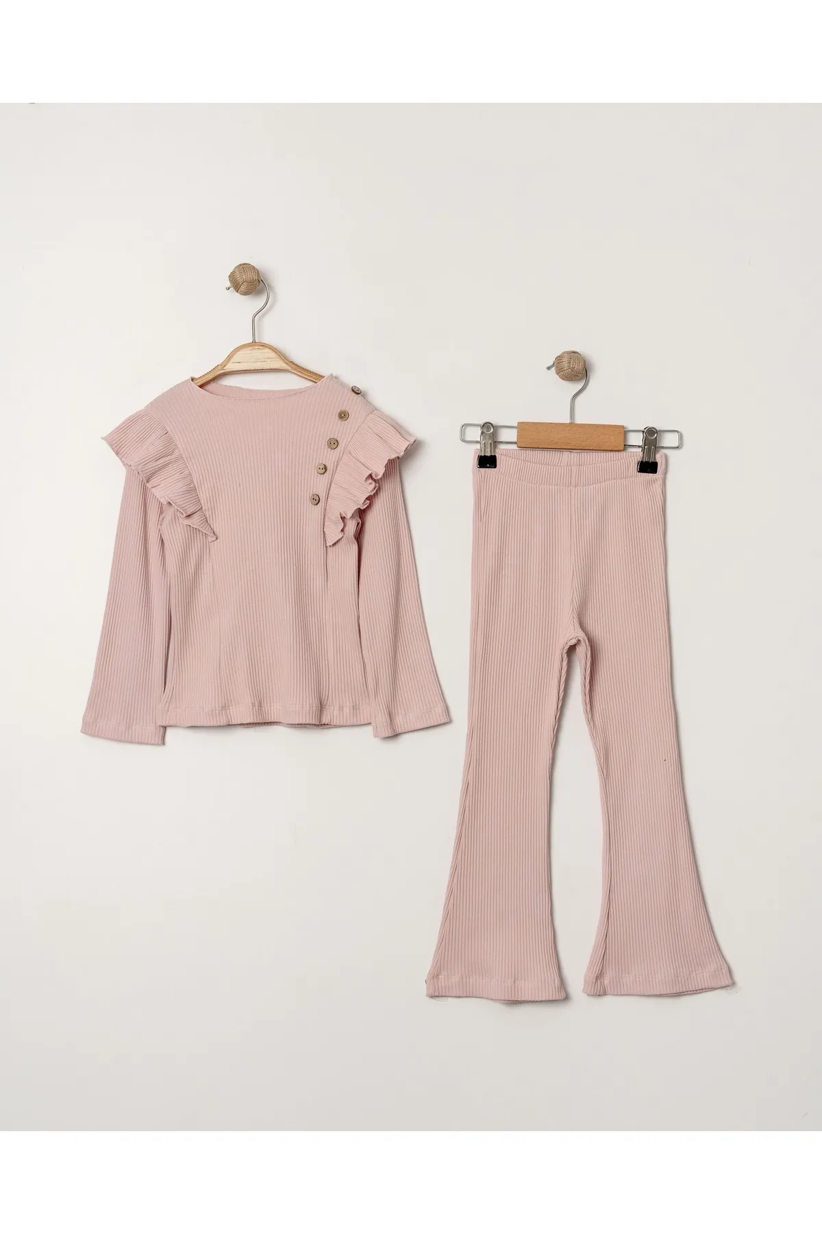 Girls' Ruffled Sleeve Flared Leggings & Top Set with Button Details