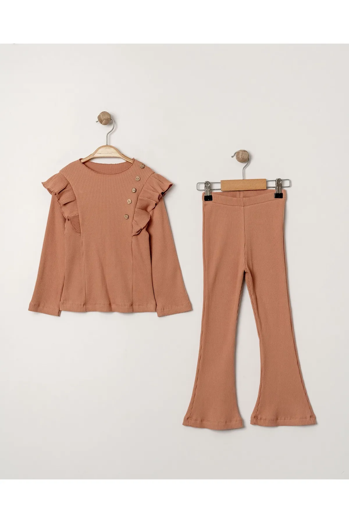 Girls' Ruffled Sleeve Flared Leggings & Top Set with Button Details