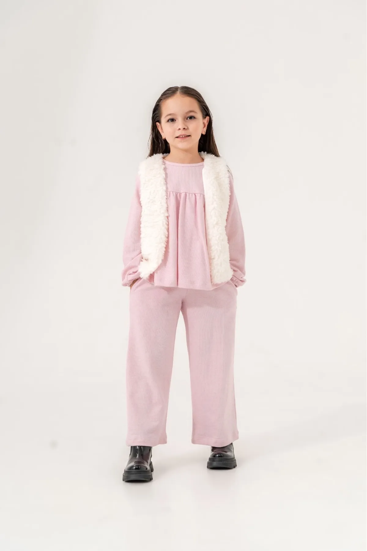 Girls' Two-Piece Set with Plush Ecru Vest and Brown Top & Bottom