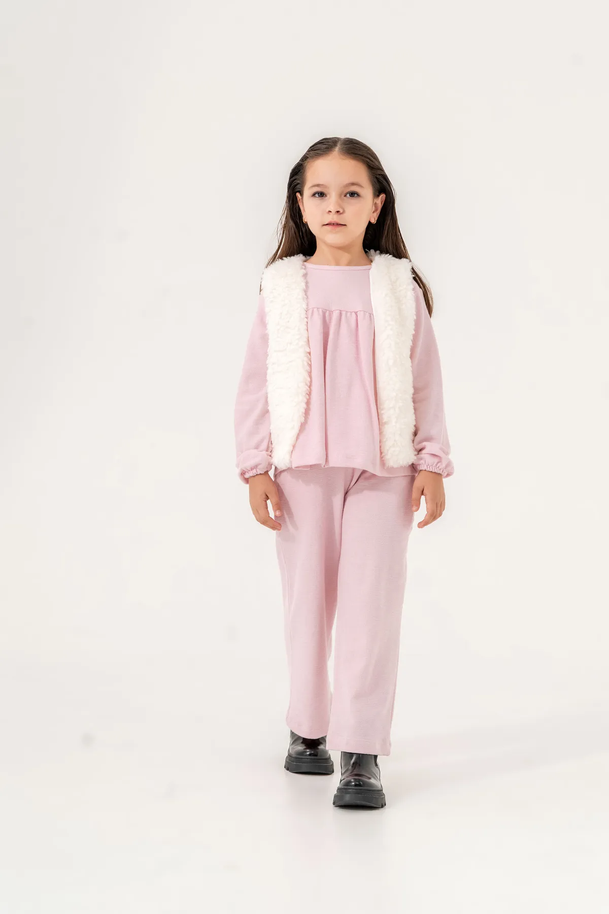 Girls' Two-Piece Set with Plush Ecru Vest and Brown Top & Bottom