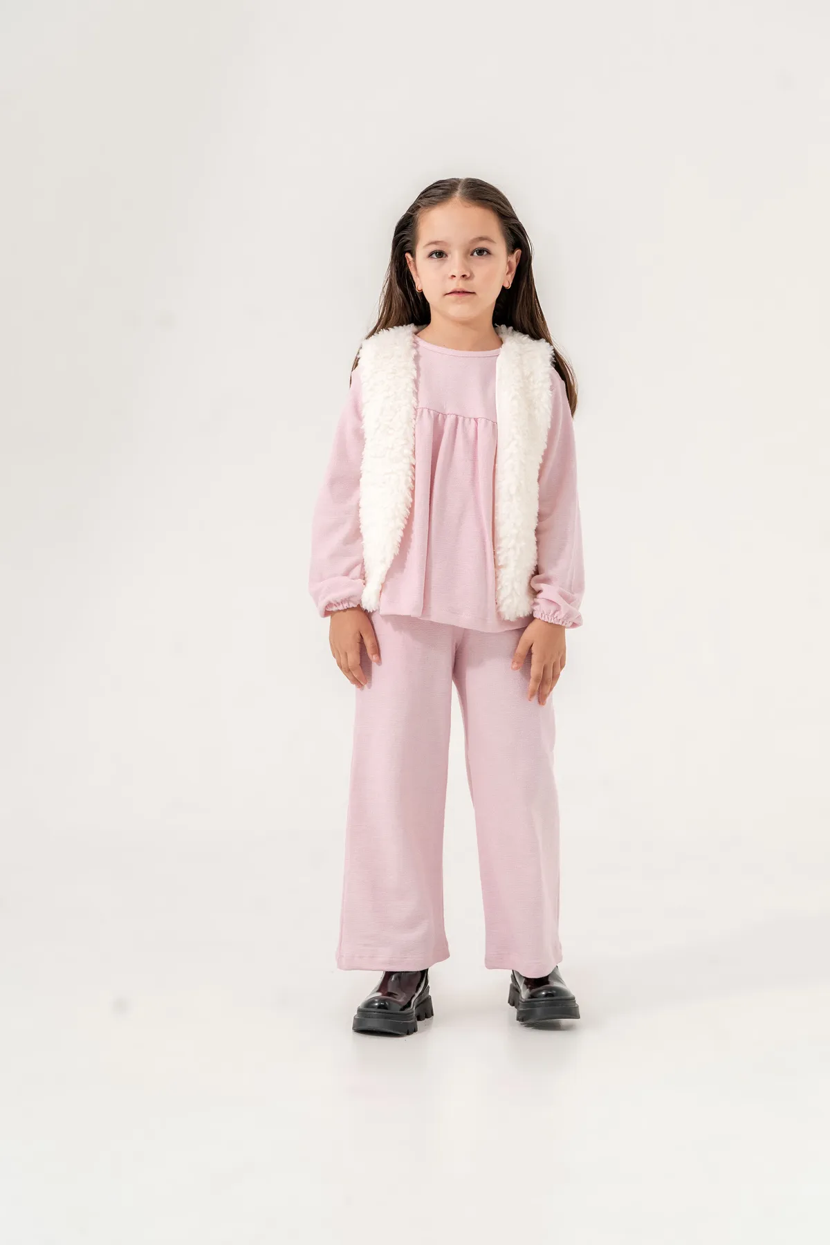 Girls' Two-Piece Set with Plush Ecru Vest and Brown Top & Bottom