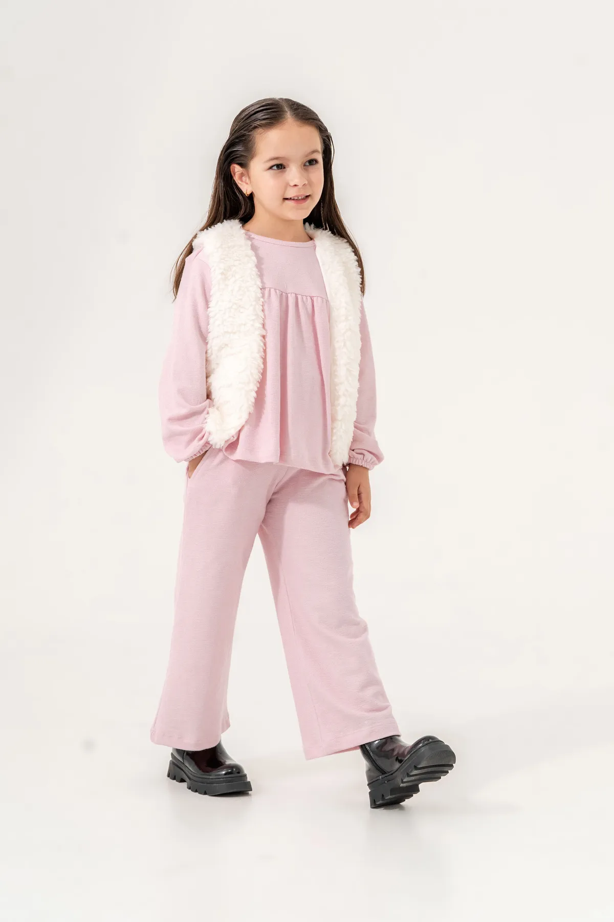Girls' Two-Piece Set with Plush Ecru Vest and Brown Top & Bottom