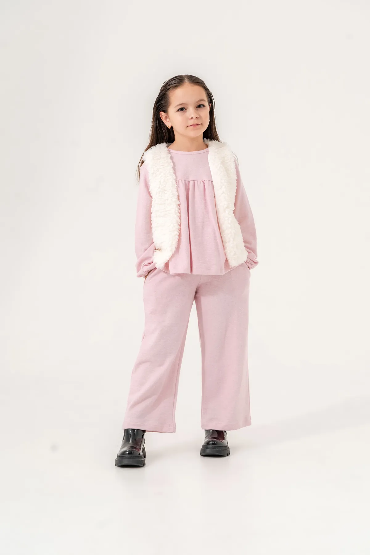 Girls' Two-Piece Set with Plush Ecru Vest and Brown Top & Bottom