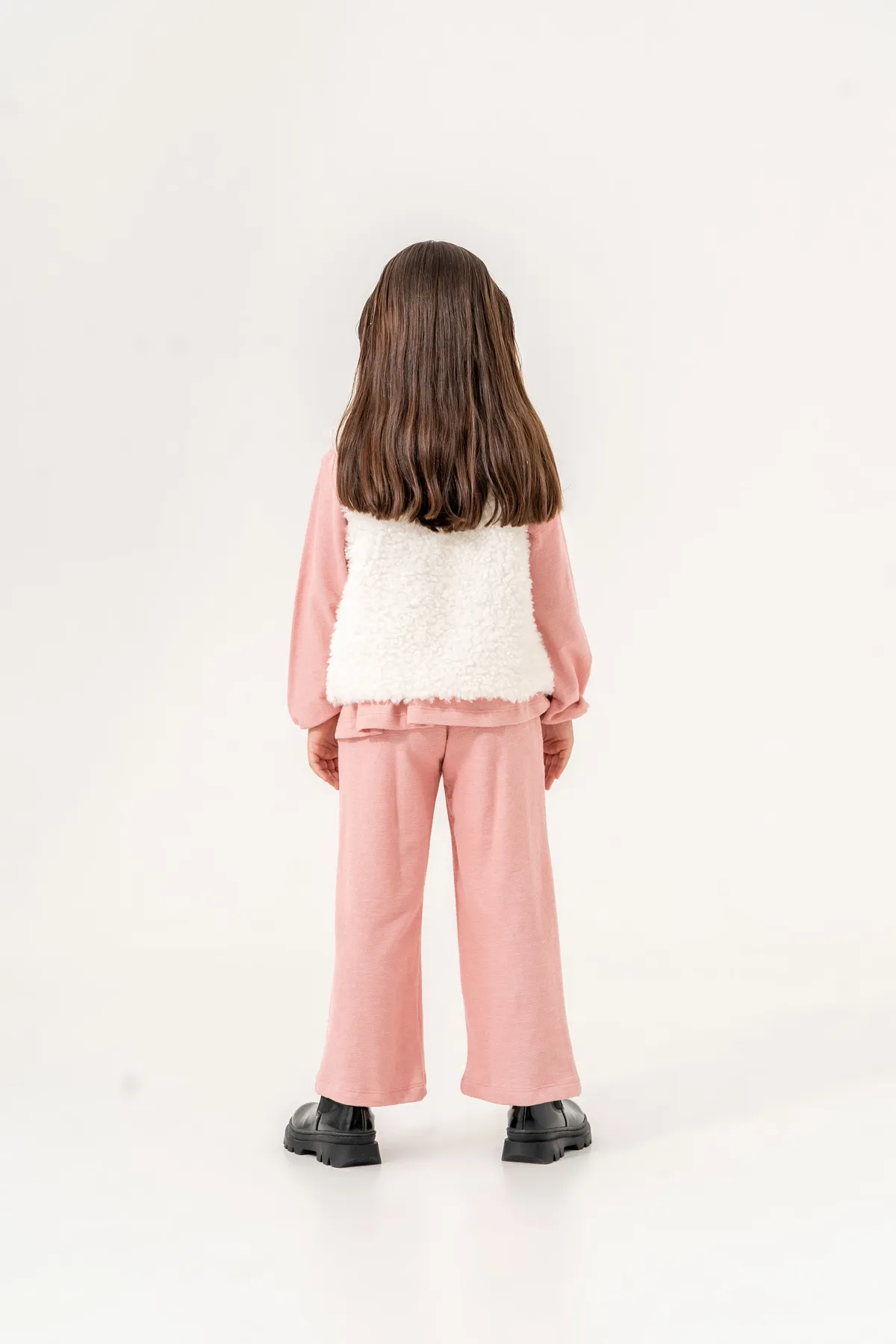 Girls' Two-Piece Set with Plush Ecru Vest and Brown Top & Bottom