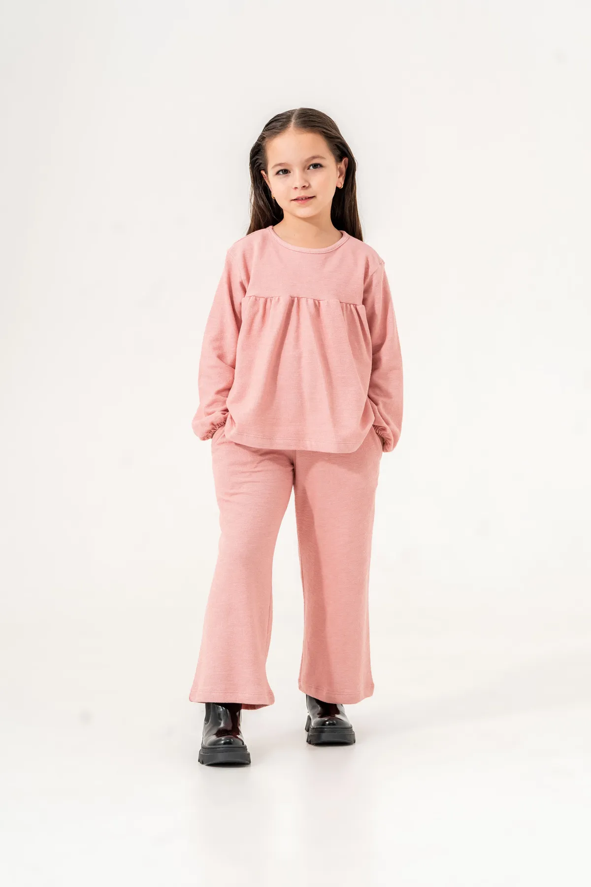 Girls' Two-Piece Set with Plush Ecru Vest and Brown Top & Bottom
