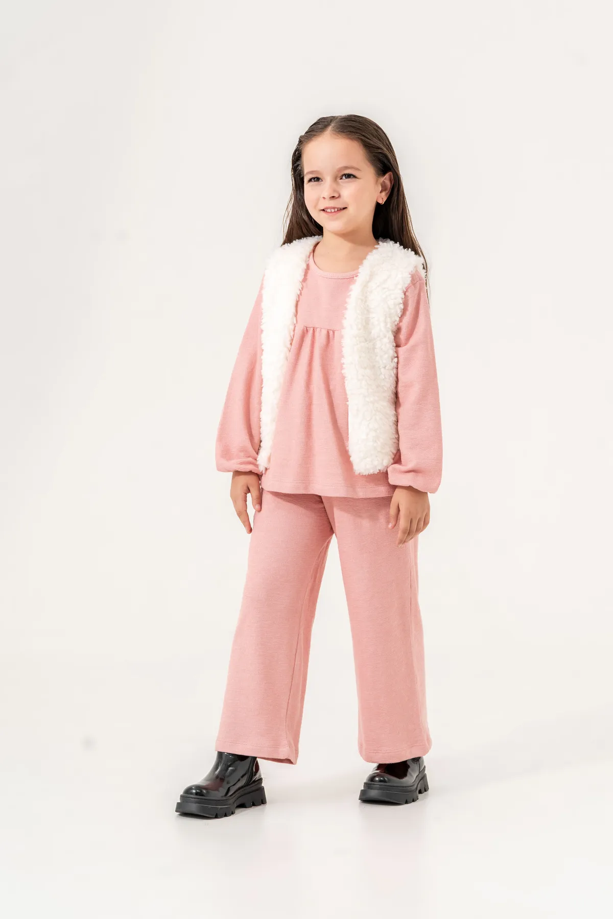 Girls' Two-Piece Set with Plush Ecru Vest and Brown Top & Bottom
