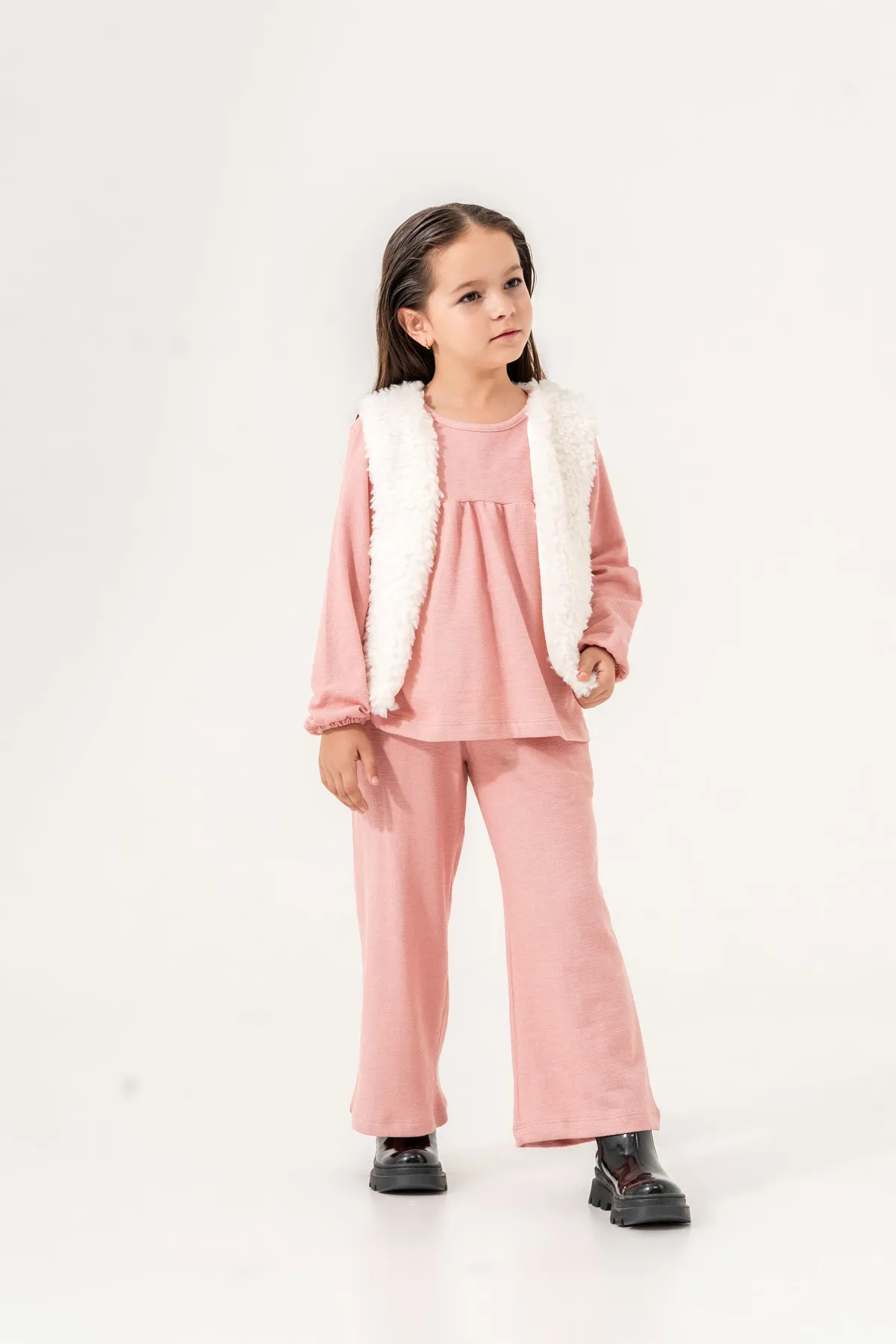 Girls' Two-Piece Set with Plush Ecru Vest and Brown Top & Bottom