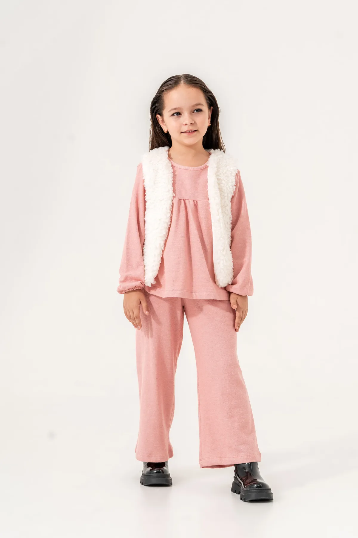 Girls' Two-Piece Set with Plush Ecru Vest and Brown Top & Bottom