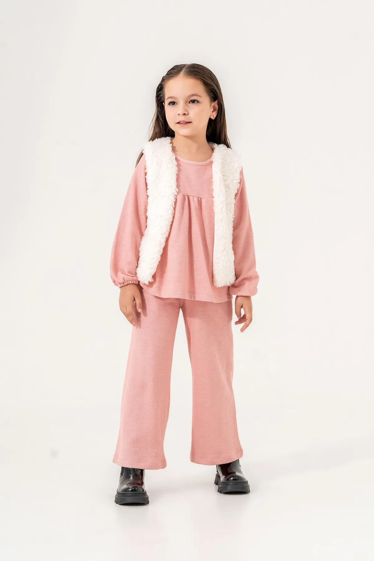 Girls' Two-Piece Set with Plush Ecru Vest and Brown Top & Bottom