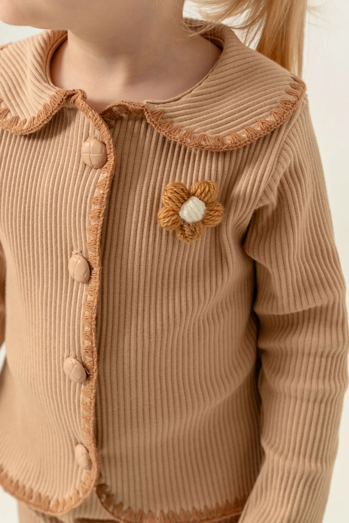 Girls' Ribbed Seasonal Top & Bottom Set with Floral Details and Complimentary Bandana