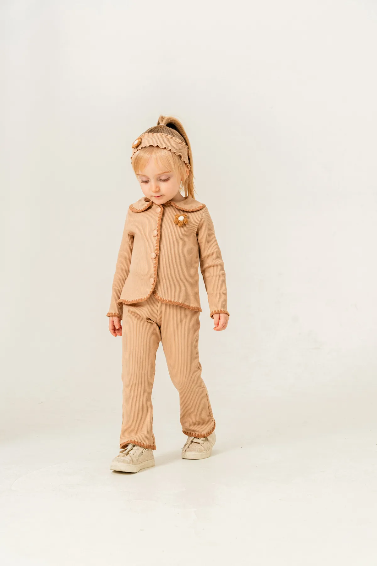 Girls' Ribbed Seasonal Top & Bottom Set with Floral Details and Complimentary Bandana