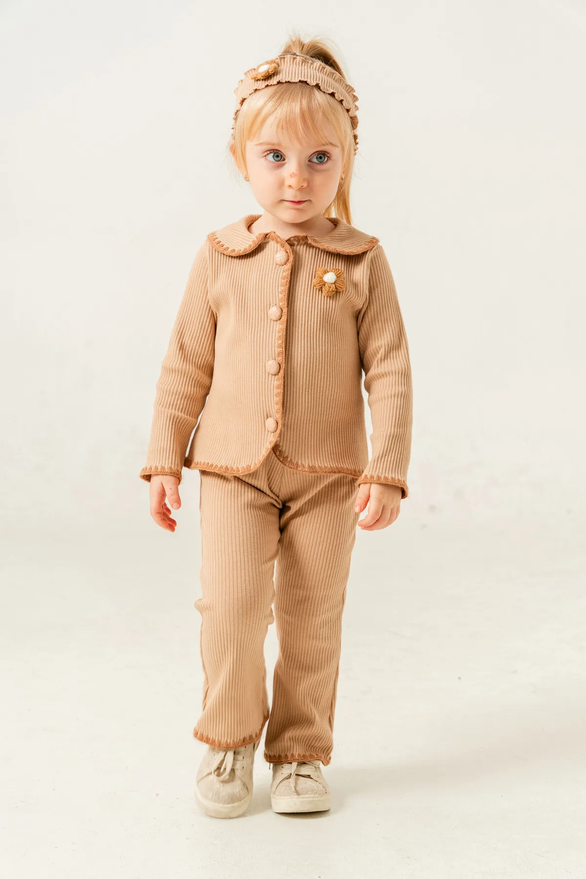 Girls' Ribbed Seasonal Top & Bottom Set with Floral Details and Complimentary Bandana