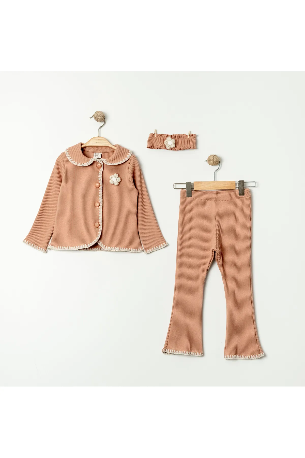 Girls' Ribbed Seasonal Top & Bottom Set with Floral Details and Complimentary Bandana