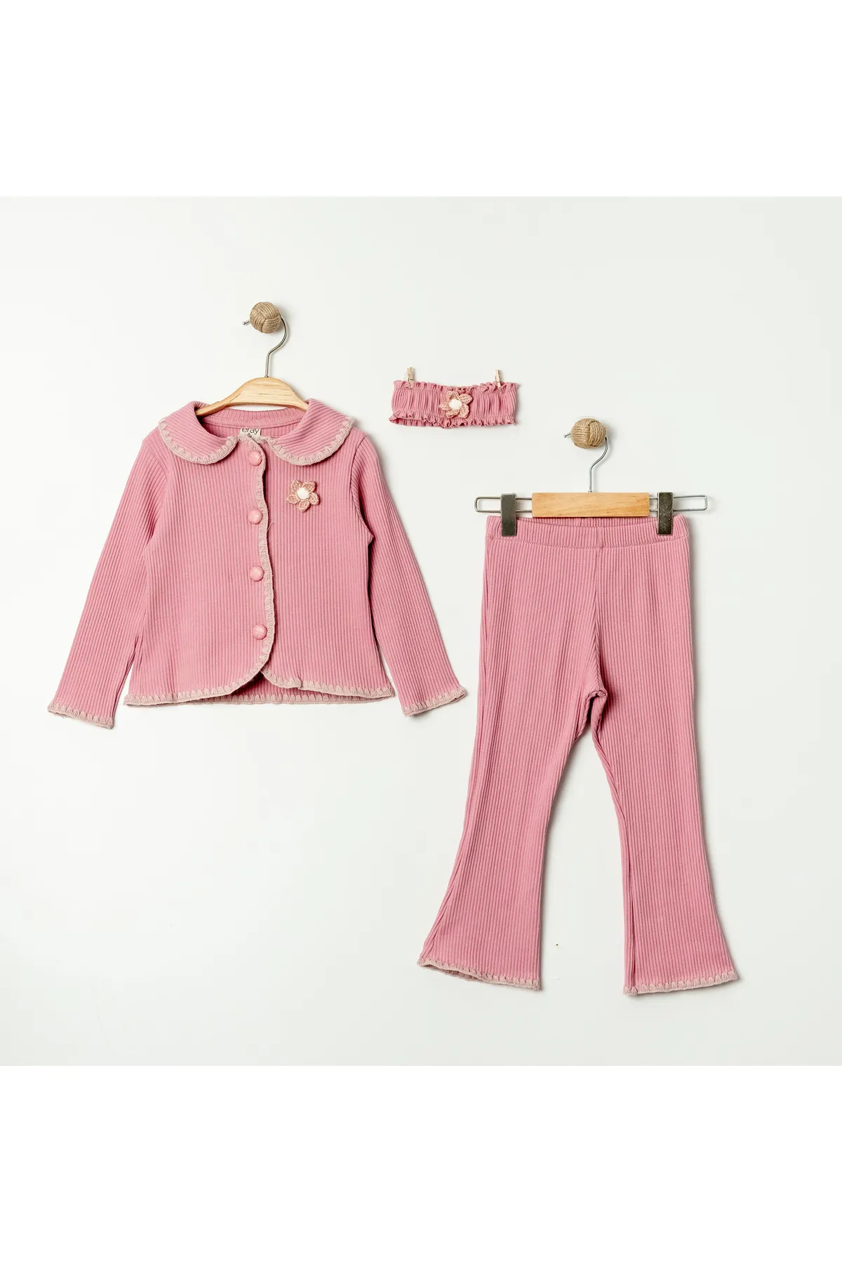 Girls' Ribbed Seasonal Top & Bottom Set with Floral Details and Complimentary Bandana