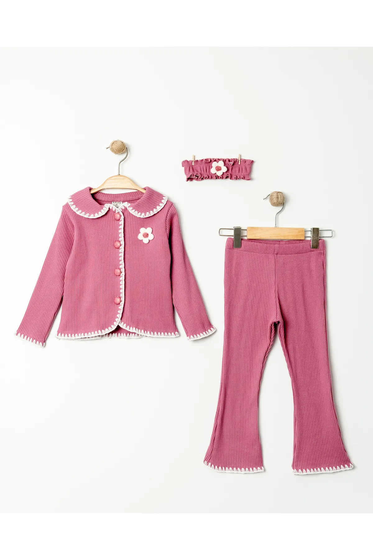 Girls' Ribbed Seasonal Top & Bottom Set with Floral Details and Complimentary Bandana