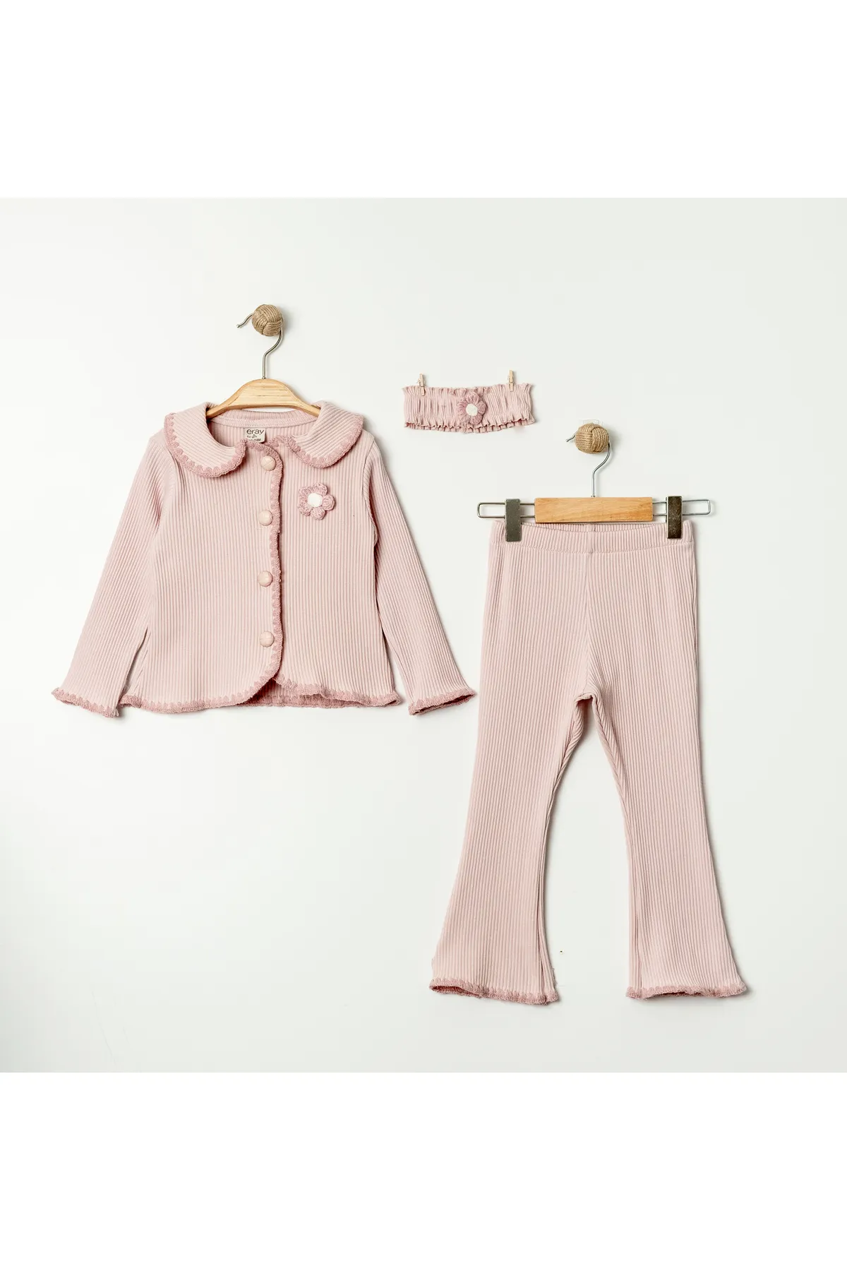 Girls' Ribbed Seasonal Top & Bottom Set with Floral Details and Complimentary Bandana