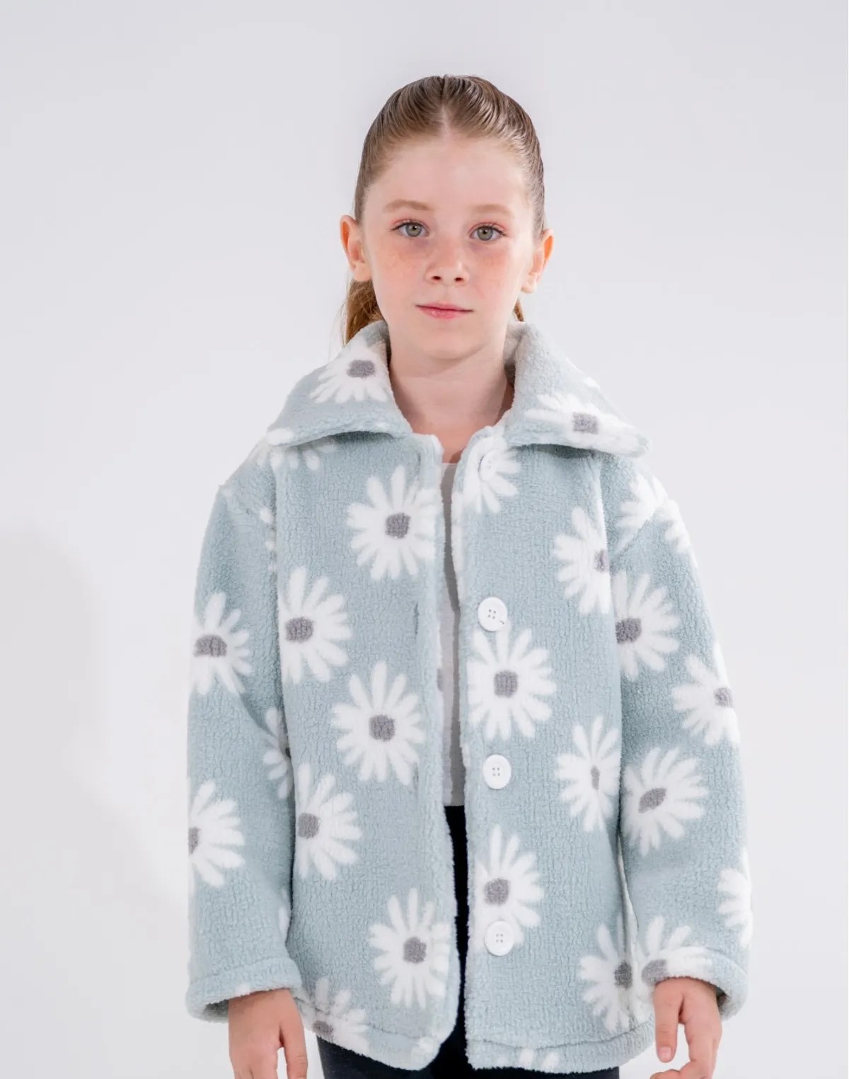 Girls' Button-Up Fleece Jacket with Shirt Collar and Daisy Print