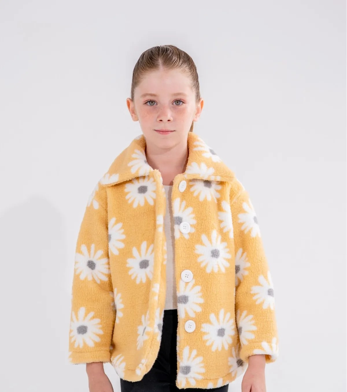 Girls' Button-Up Fleece Jacket with Shirt Collar and Daisy Print
