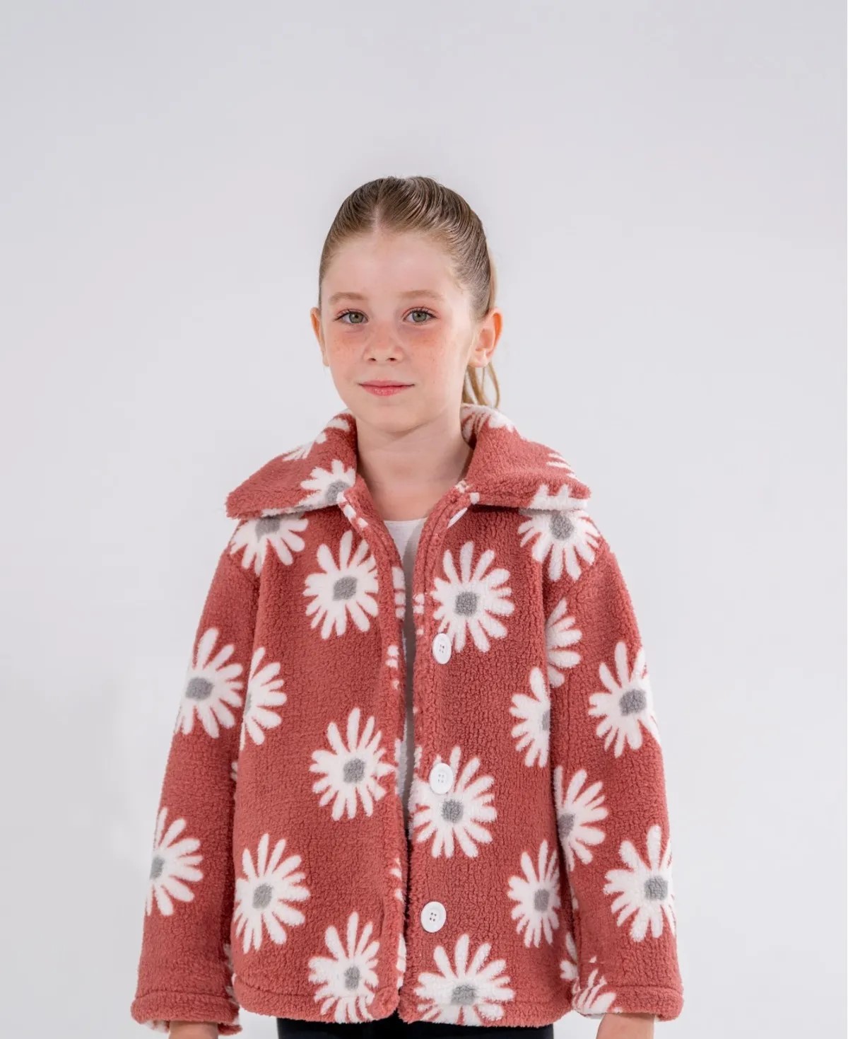 Girls' Button-Up Fleece Jacket with Shirt Collar and Daisy Print