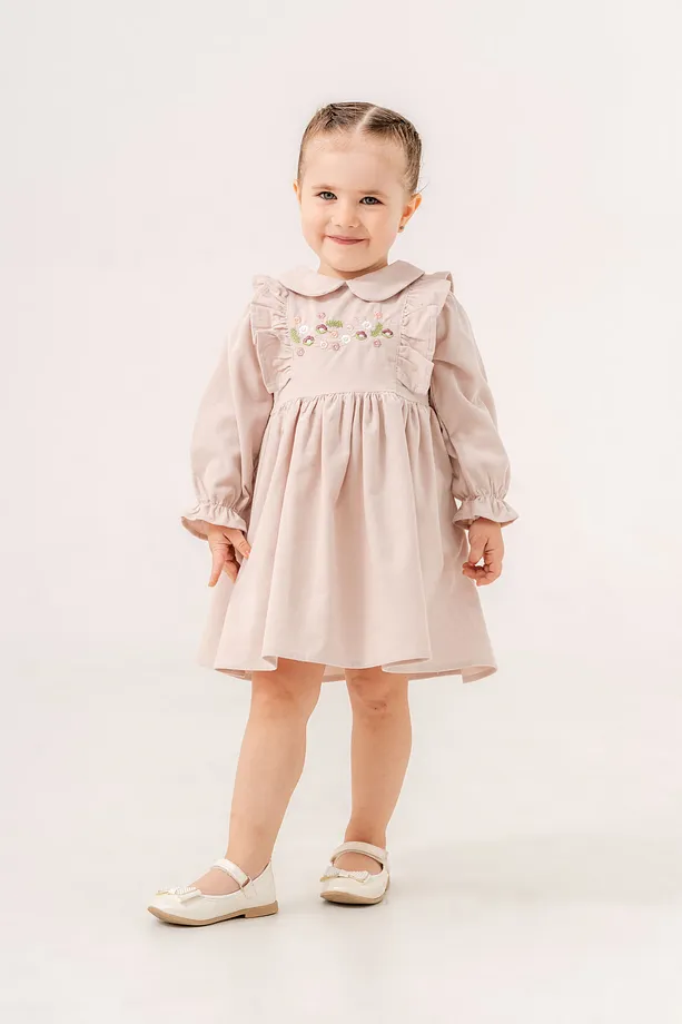 Baby Girls' Slim Fit Dress with Peter Pan Collar, Ruffled Sleeves & Embroidered Floral Details