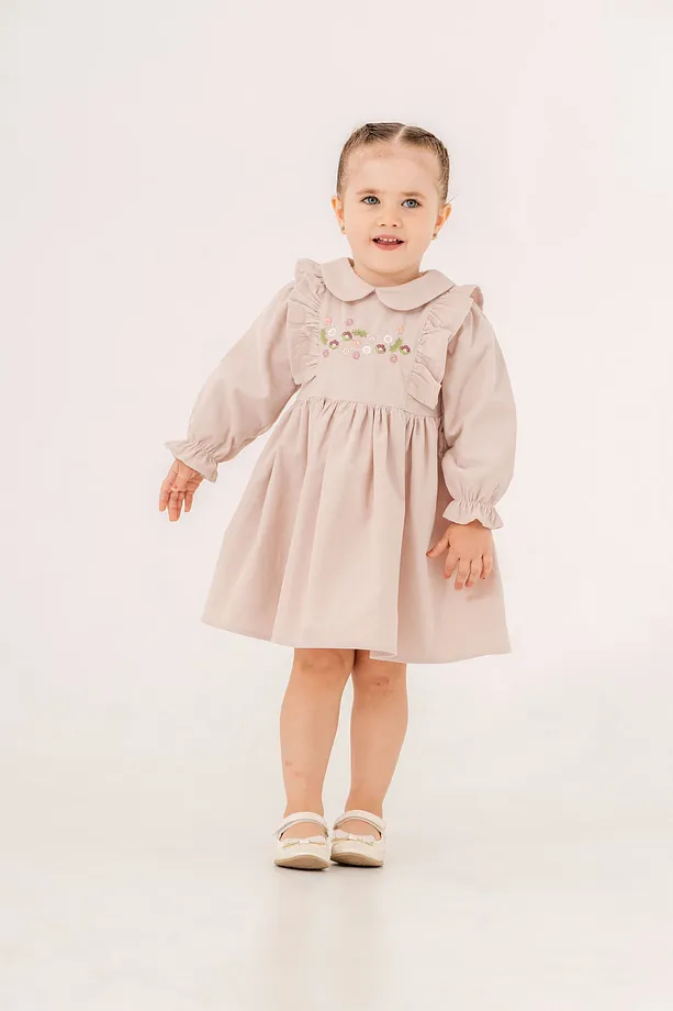 Baby Girls' Slim Fit Dress with Peter Pan Collar, Ruffled Sleeves & Embroidered Floral Details