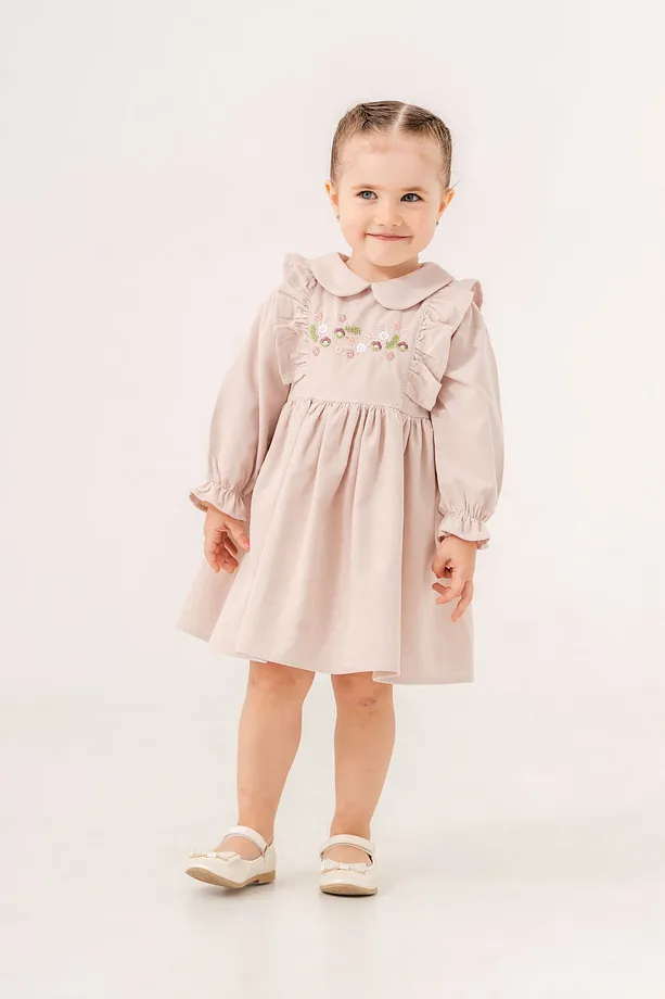 Baby Girls' Slim Fit Dress with Peter Pan Collar, Ruffled Sleeves & Embroidered Floral Details