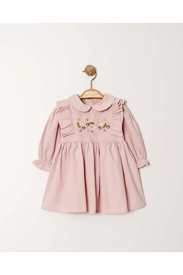 Baby Girls' Slim Fit Dress with Peter Pan Collar, Ruffled Sleeves & Embroidered Floral Details