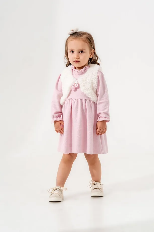 Girls' Pink Cotton Dress with Ecru Plush Bolero