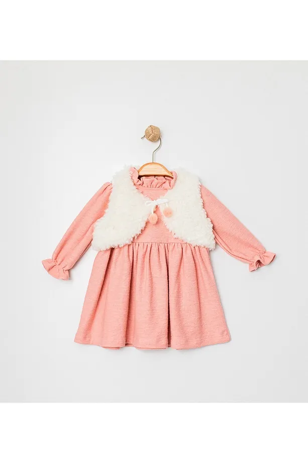 Girls' Pink Cotton Dress with Ecru Plush Bolero