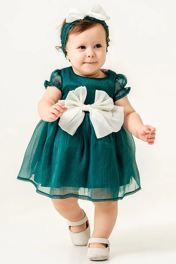 Baby Girls' Occasion Dress with Bow Detail and Complimentary Bandana