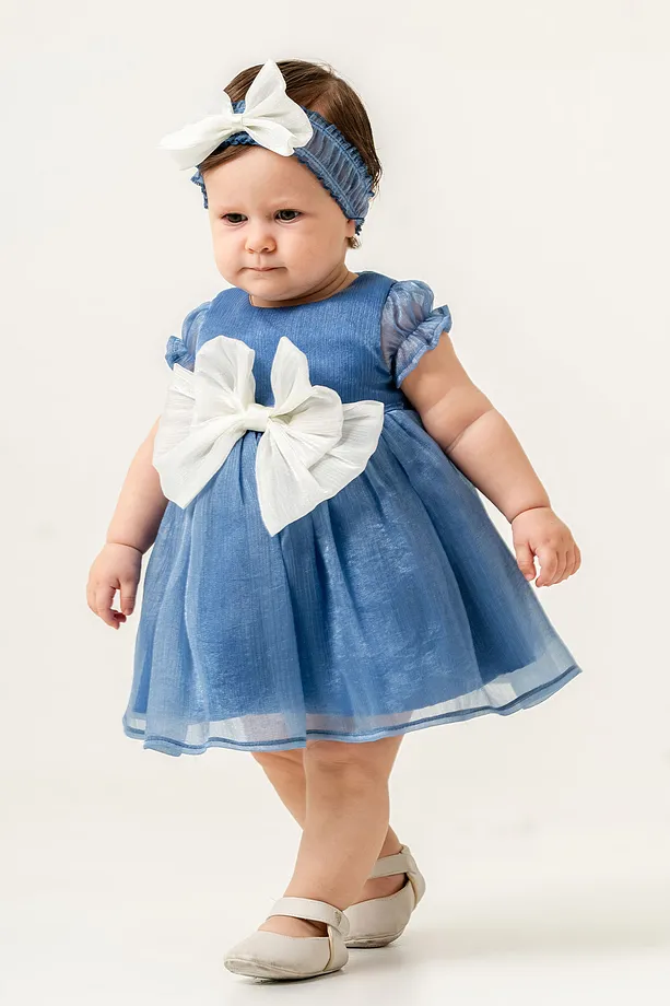Baby Girls' Occasion Dress with Bow Detail and Complimentary Bandana