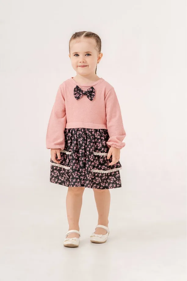 Girls' Knitted Dress in Apricot with Floral Print and Bow Detail