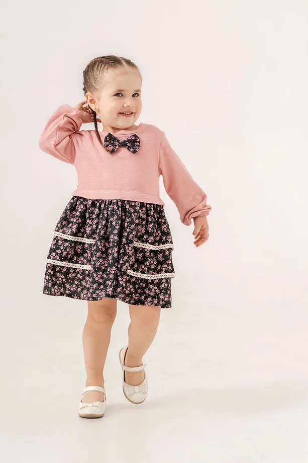 Girls' Knitted Dress in Apricot with Floral Print and Bow Detail