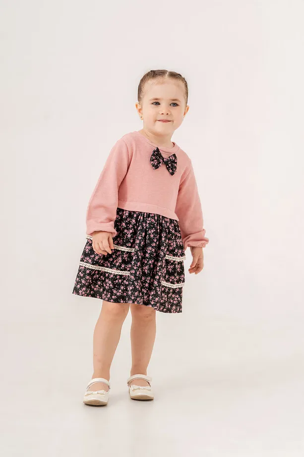 Girls' Knitted Dress in Apricot with Floral Print and Bow Detail