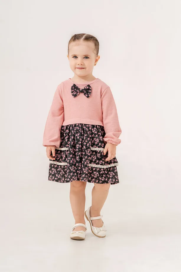 Girls' Knitted Dress in Apricot with Floral Print and Bow Detail