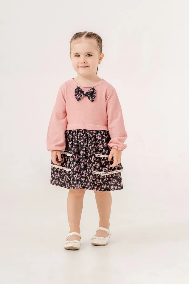 Girls' Knitted Dress in Apricot with Floral Print and Bow Detail