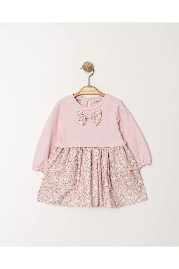 Girls' Knitted Dress in Apricot with Floral Print and Bow Detail