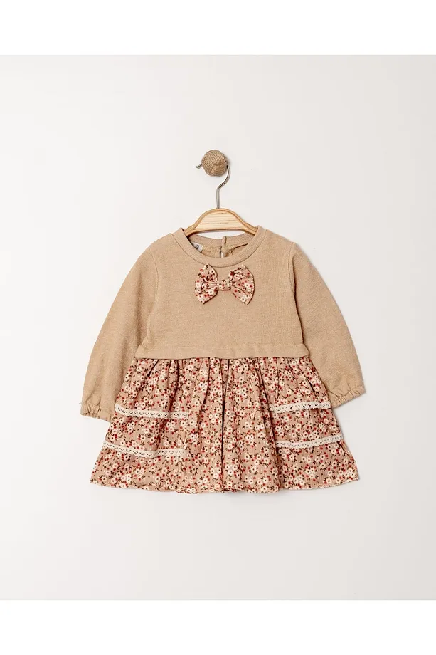 Girls' Knitted Dress in Apricot with Floral Print and Bow Detail