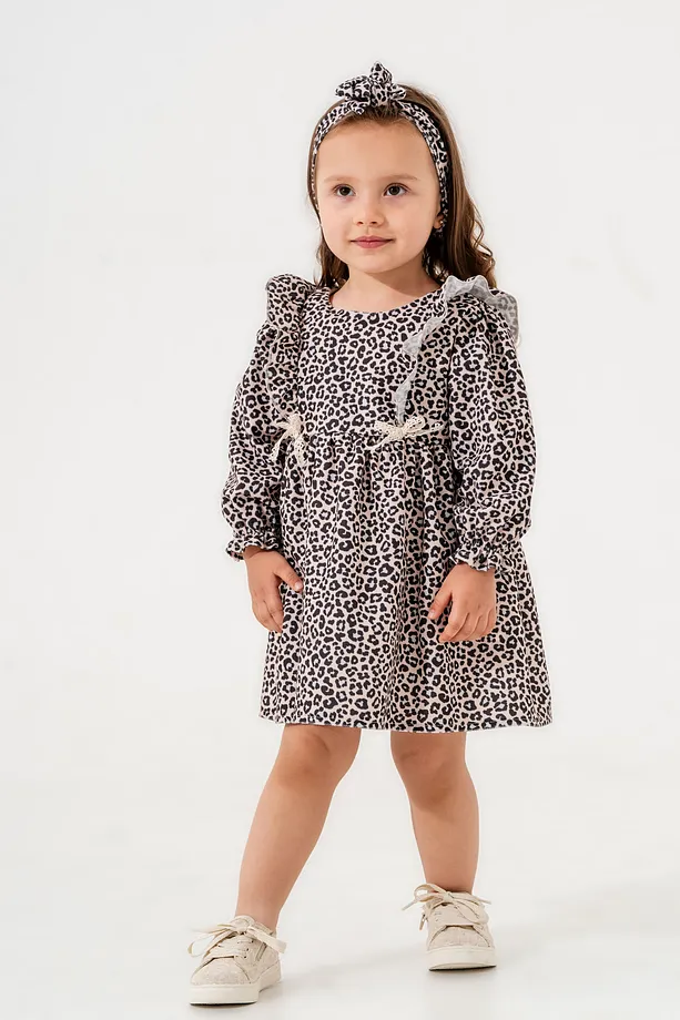 Girls' Leopard Print Dress with Ruffled Sleeves and Matching Bandana