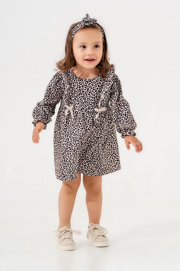 Girls' Leopard Print Dress with Ruffled Sleeves and Matching Bandana