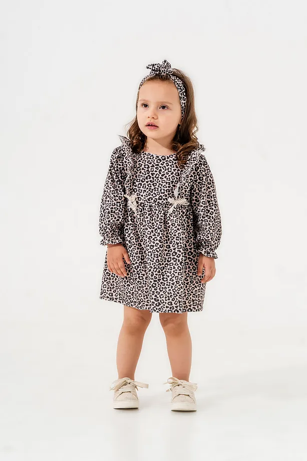 Girls' Leopard Print Dress with Ruffled Sleeves and Matching Bandana