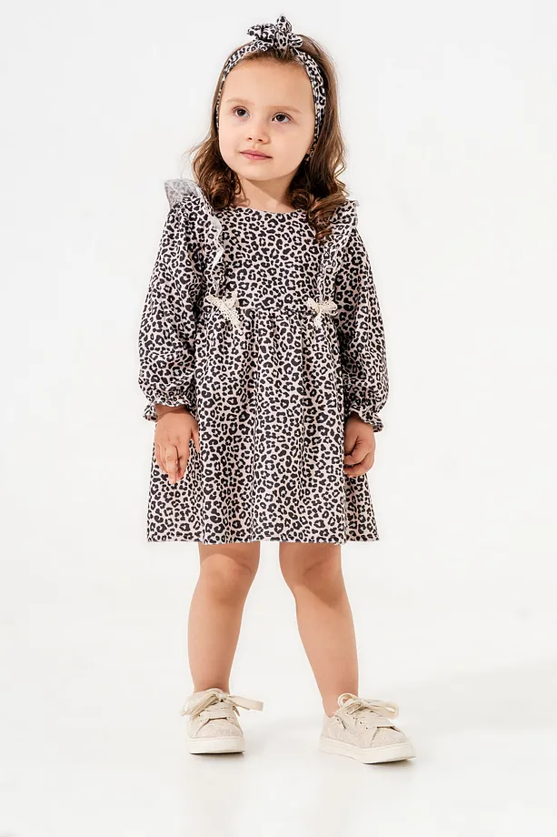 Girls' Leopard Print Dress with Ruffled Sleeves and Matching Bandana