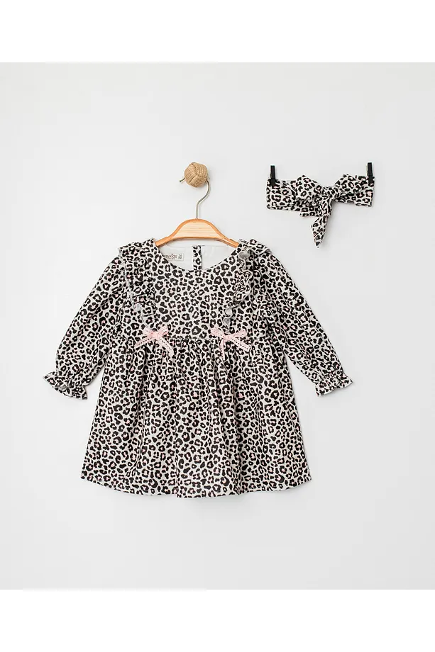 Girls' Leopard Print Dress with Ruffled Sleeves and Matching Bandana